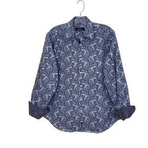 Bugatchi Uomo Mens Medium Button Up Shirt Blue Paisley Print Cotton Long Sleeve